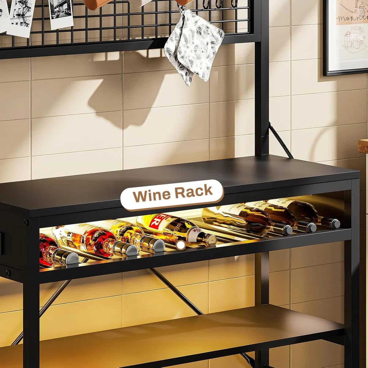 Estantería panadera de cocina industrial moderna negra con luces LED multicolores