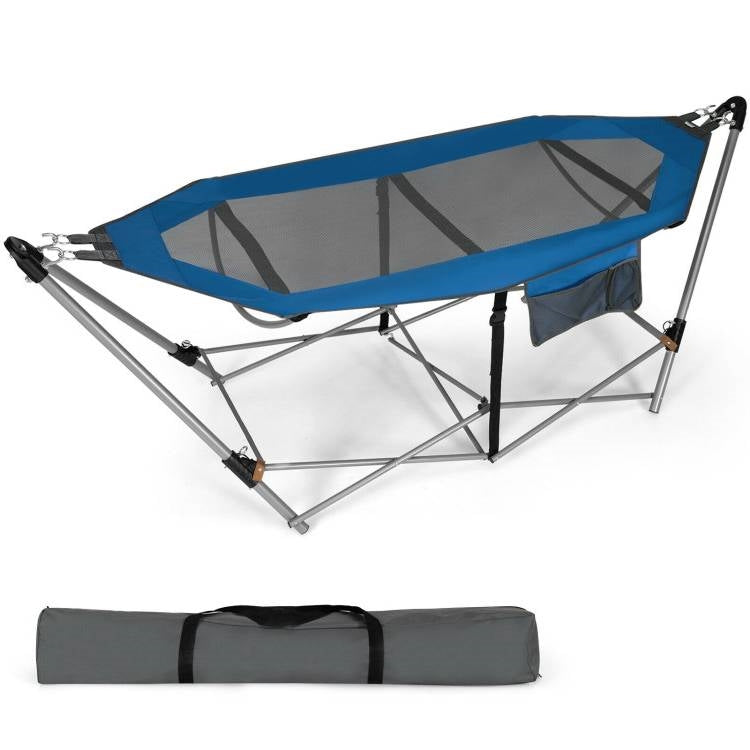 Hamaca portátil plegable de camping azul con soporte y estuche de transporte