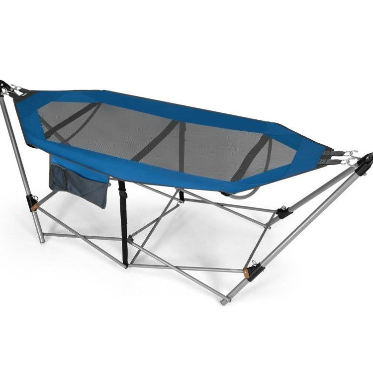 Hamaca portátil plegable de camping azul con soporte y estuche de transporte
