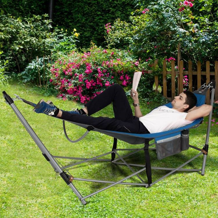 Hamaca portátil plegable de camping azul con soporte y estuche de transporte