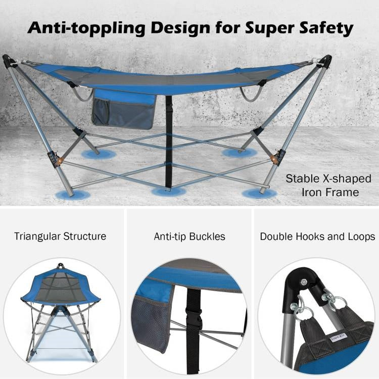 Hamaca portátil plegable de camping azul con soporte y estuche de transporte