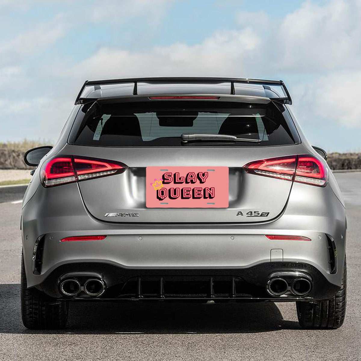 Slay Queen with Neon Crown Pink Aluminum License Plate Auto Accessory