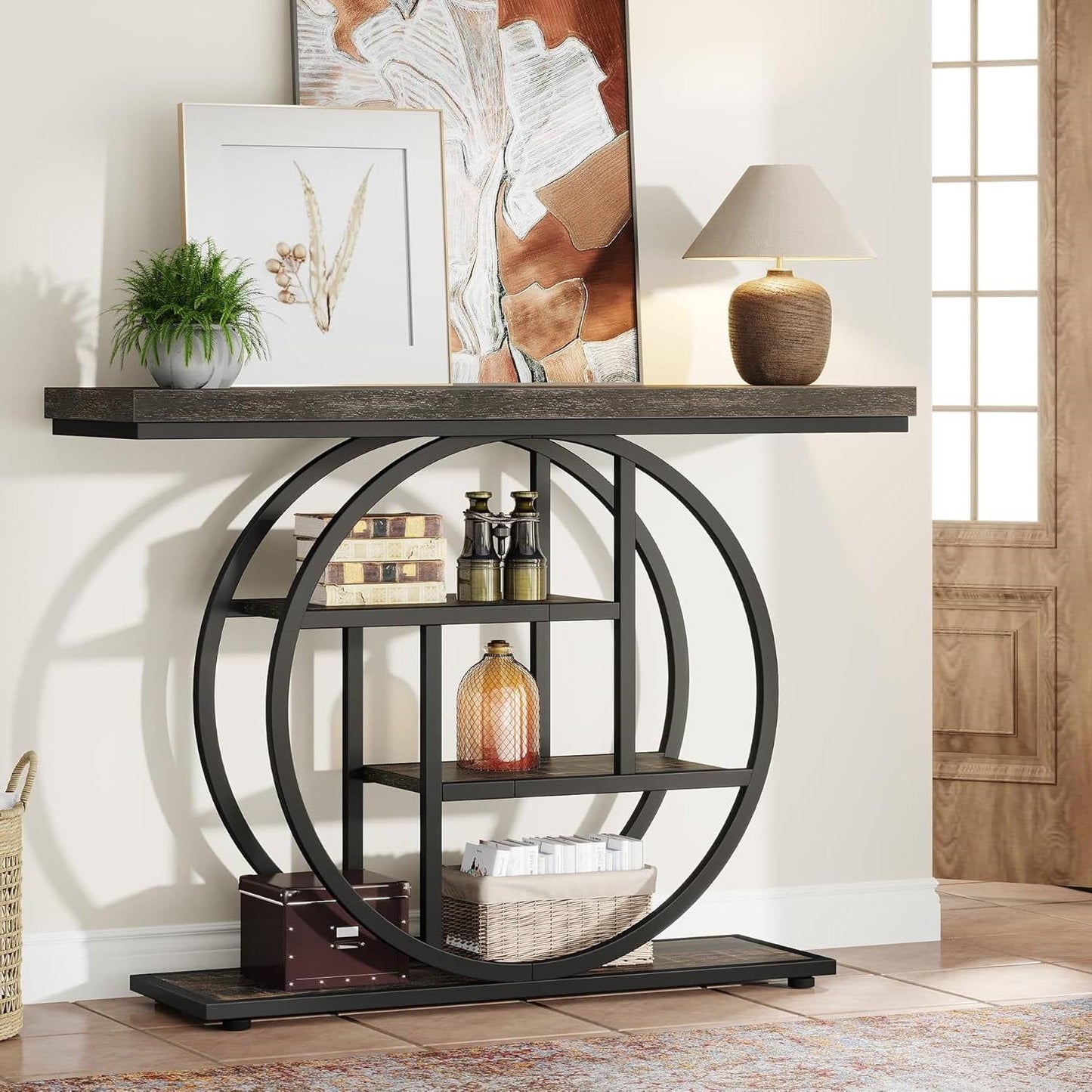 Mesa de entrada con base circular moderna de 41 pulgadas y estantes con acabado de madera negra