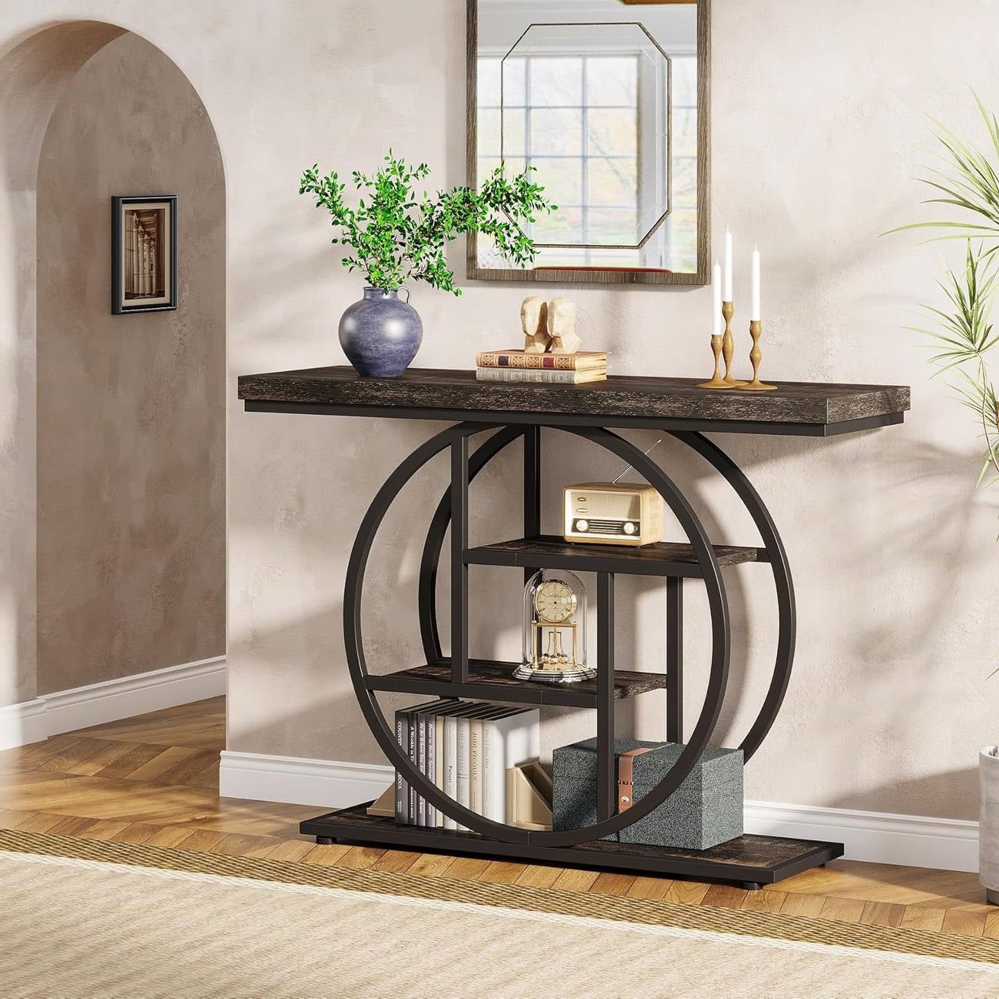 Mesa de entrada con base circular moderna de 41 pulgadas y estantes con acabado de madera negra