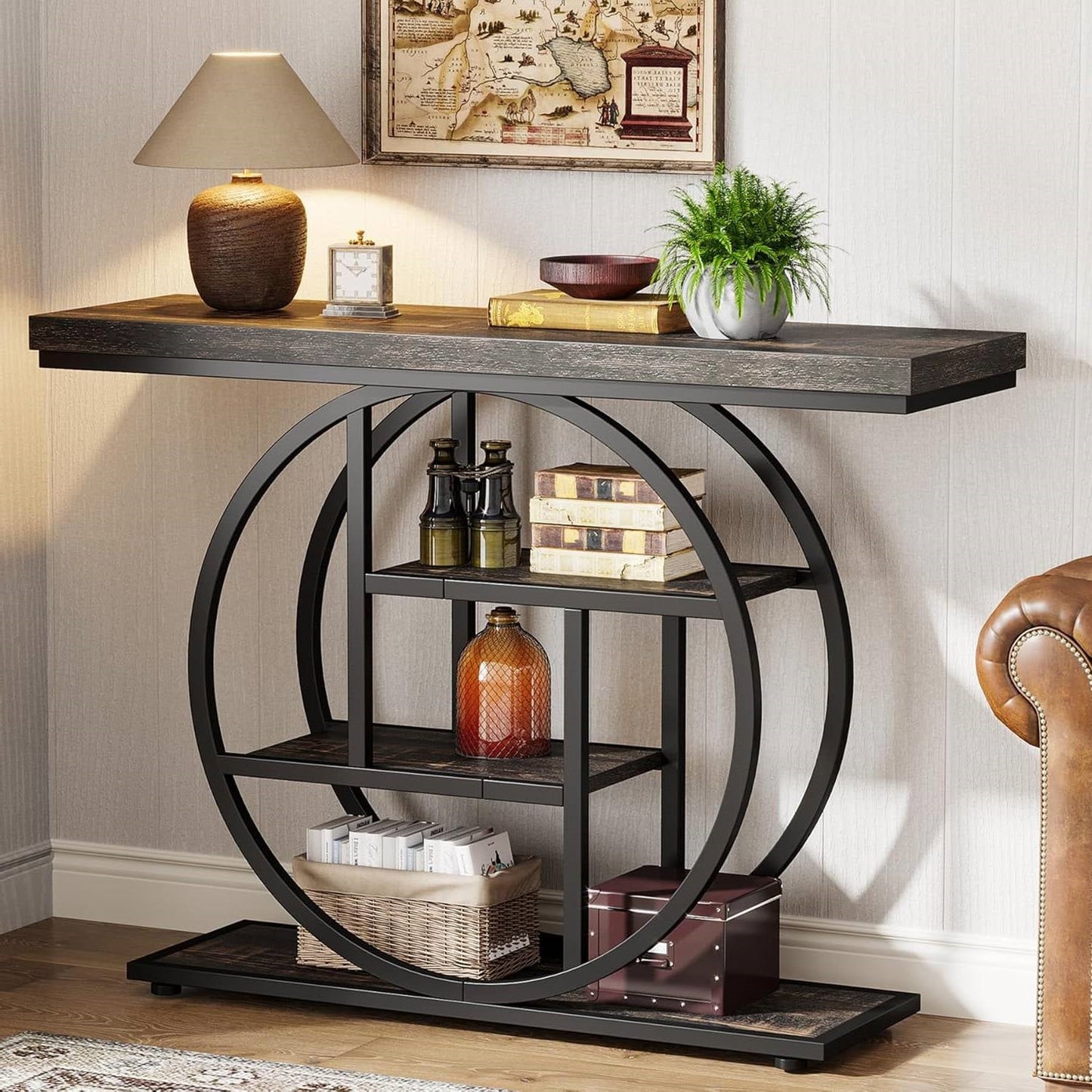 Mesa de entrada con base circular moderna de 41 pulgadas y estantes con acabado de madera negra