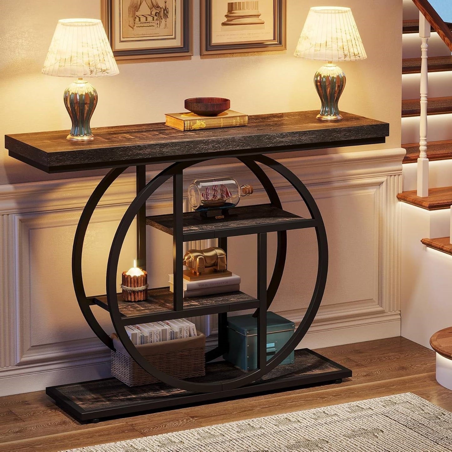 Mesa de entrada con base circular moderna de 41 pulgadas y estantes con acabado de madera negra