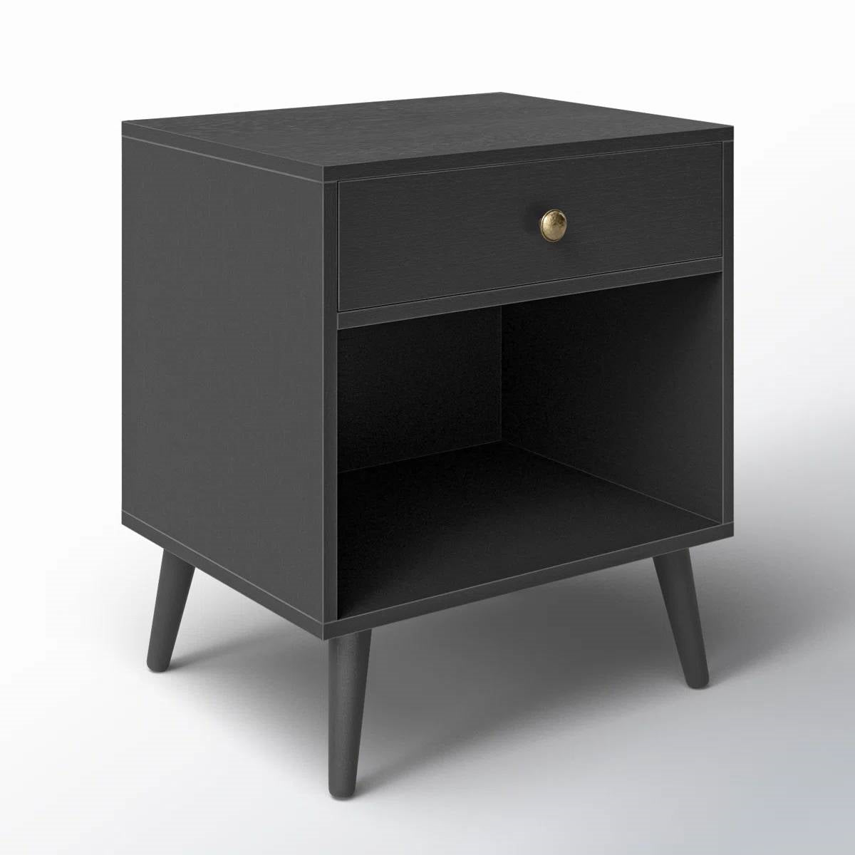 Mesita de noche Mid-Century Farmhouse de 1 cajón con estante abierto en acabado de madera negra