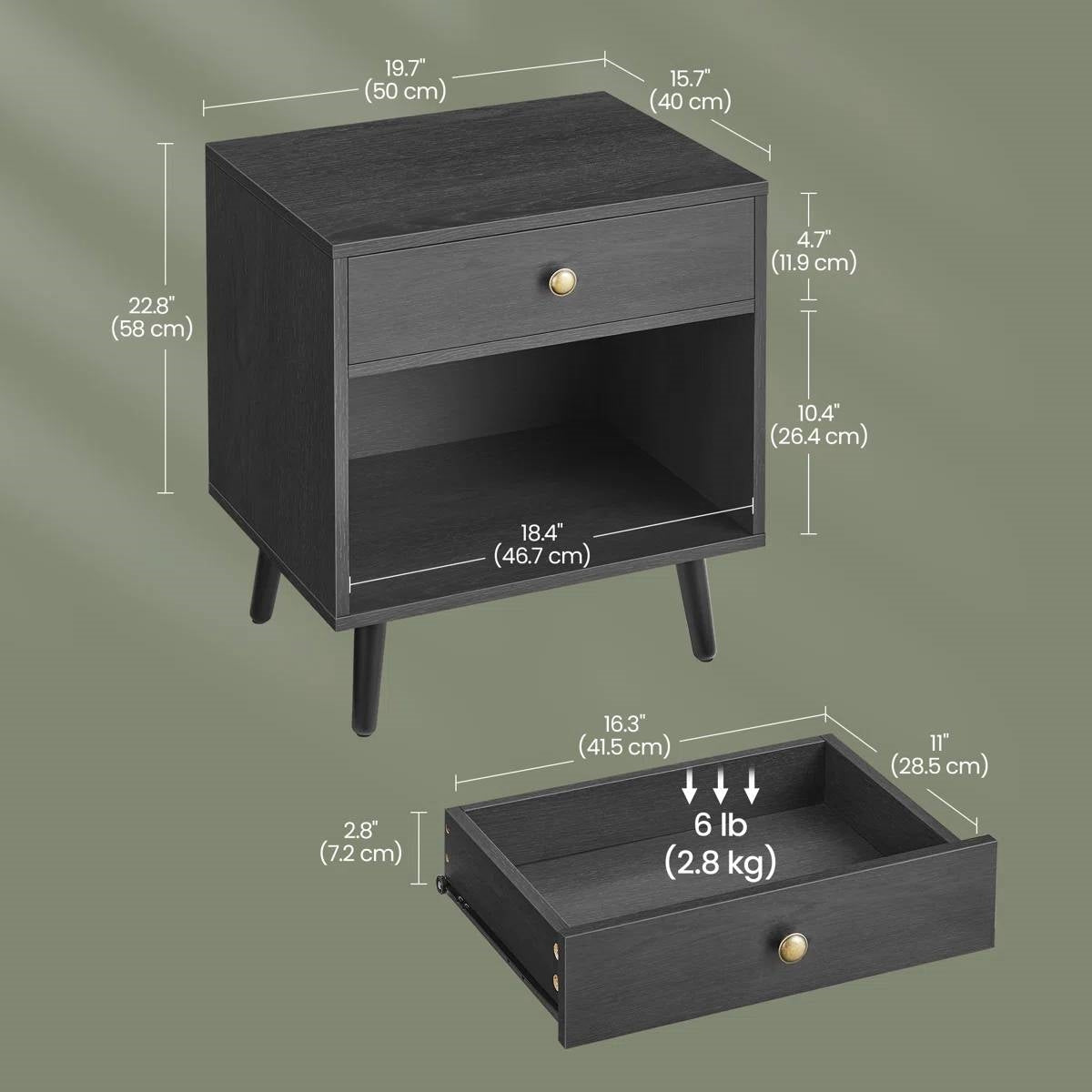 Mesita de noche Mid-Century Farmhouse de 1 cajón con estante abierto en acabado de madera negra