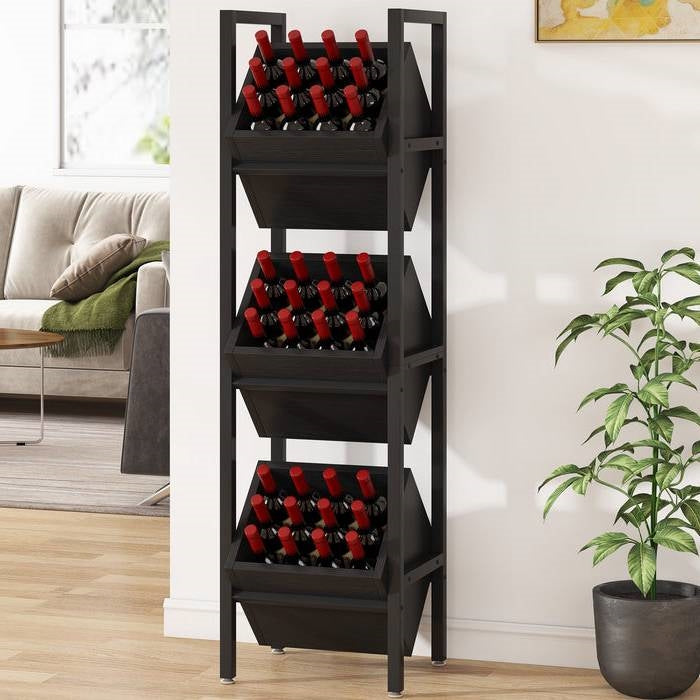 Estante de almacenamiento y exhibición de vinos con 3 compartimentos y 36 botellas, estilo industrial rústico, color negro