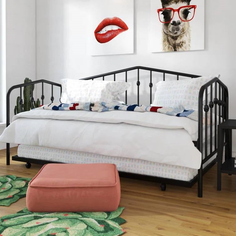 Cama nido de metal negro de estilo industrial moderno tamaño Twin con cama extraíble