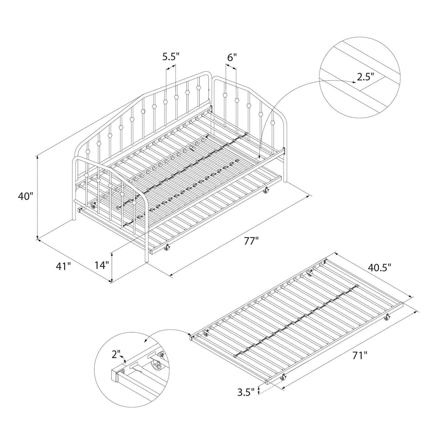 Cama nido de metal negro de estilo industrial moderno tamaño Twin con cama extraíble