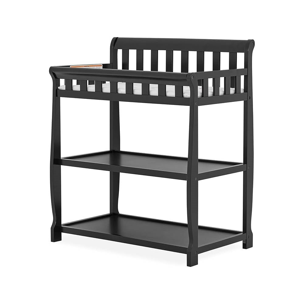 Mesa cambiador de madera negra moderna con riel de seguridad, almohadilla de colchón y correa