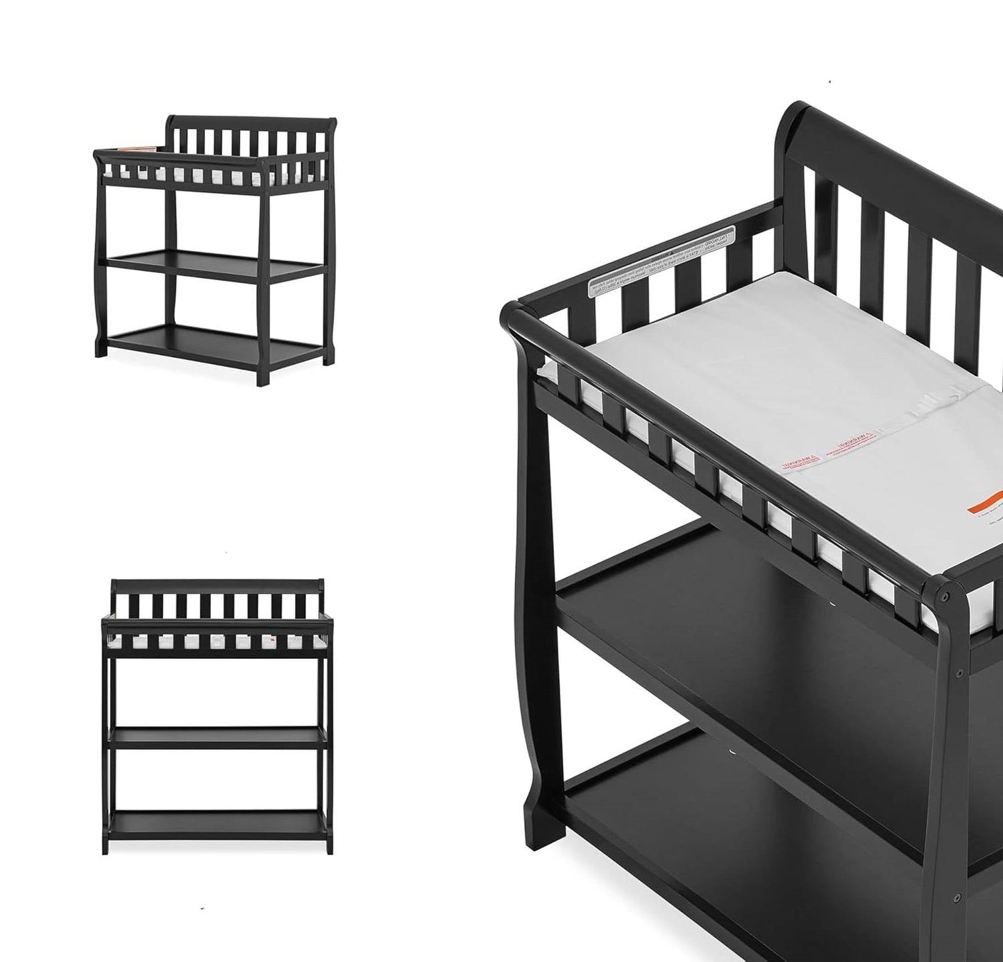 Mesa cambiador de madera negra moderna con riel de seguridad, almohadilla de colchón y correa