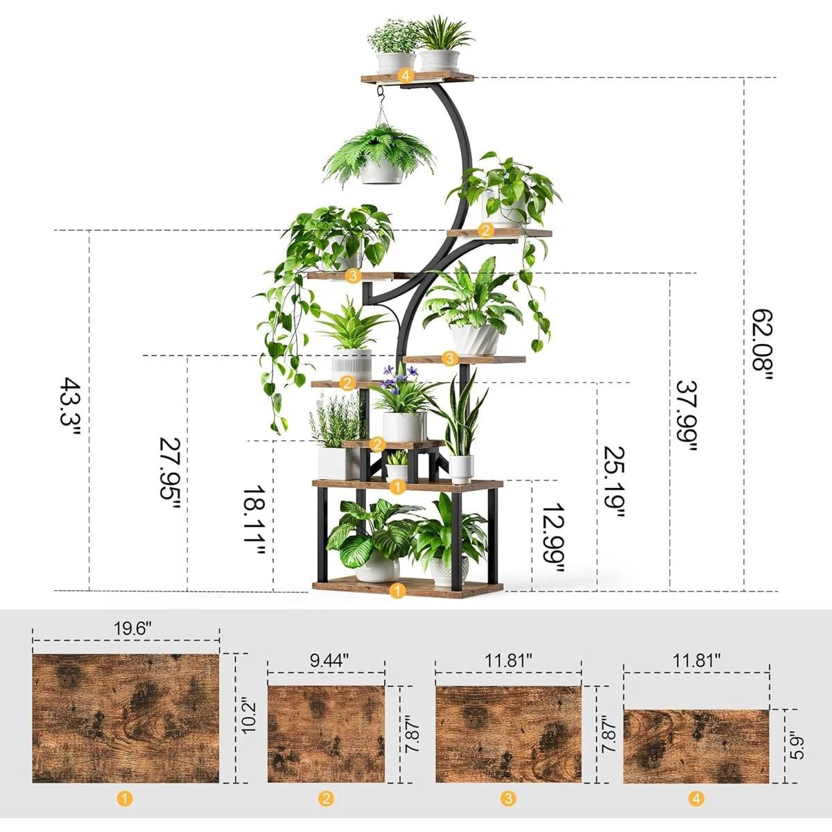 Indoor Plant Stand with Black Metal Frame and Wood Finish Shelves