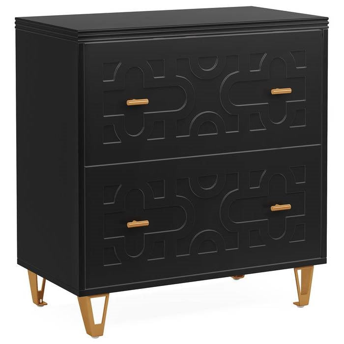 Archivador de 2 cajones con diseño geométrico retro en negro/oro y soporte para impresora