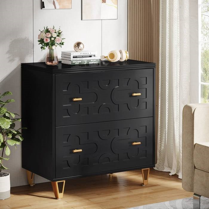 Archivador de 2 cajones con diseño geométrico retro en negro/oro y soporte para impresora