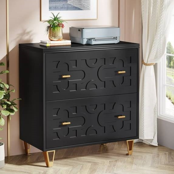 Archivador de 2 cajones con diseño geométrico retro en negro/oro y soporte para impresora