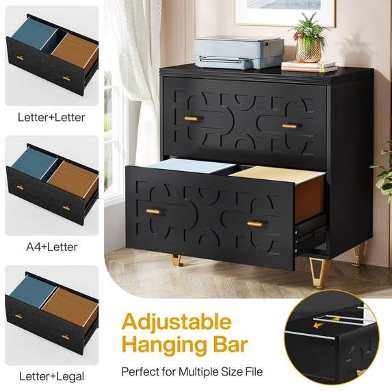 Archivador de 2 cajones con diseño geométrico retro en negro/oro y soporte para impresora