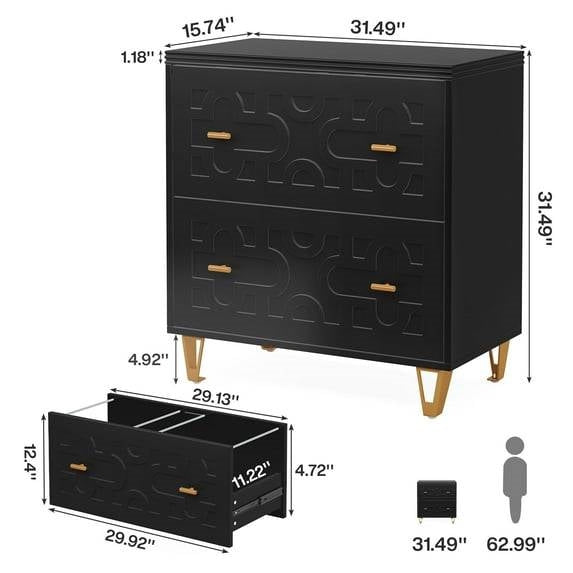 Archivador de 2 cajones con diseño geométrico retro en negro/oro y soporte para impresora