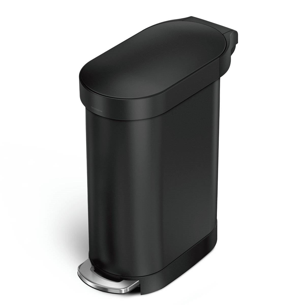 Bote de basura de cocina estrecho de 12 galones en negro mate con tapa de fácil apertura a pedal