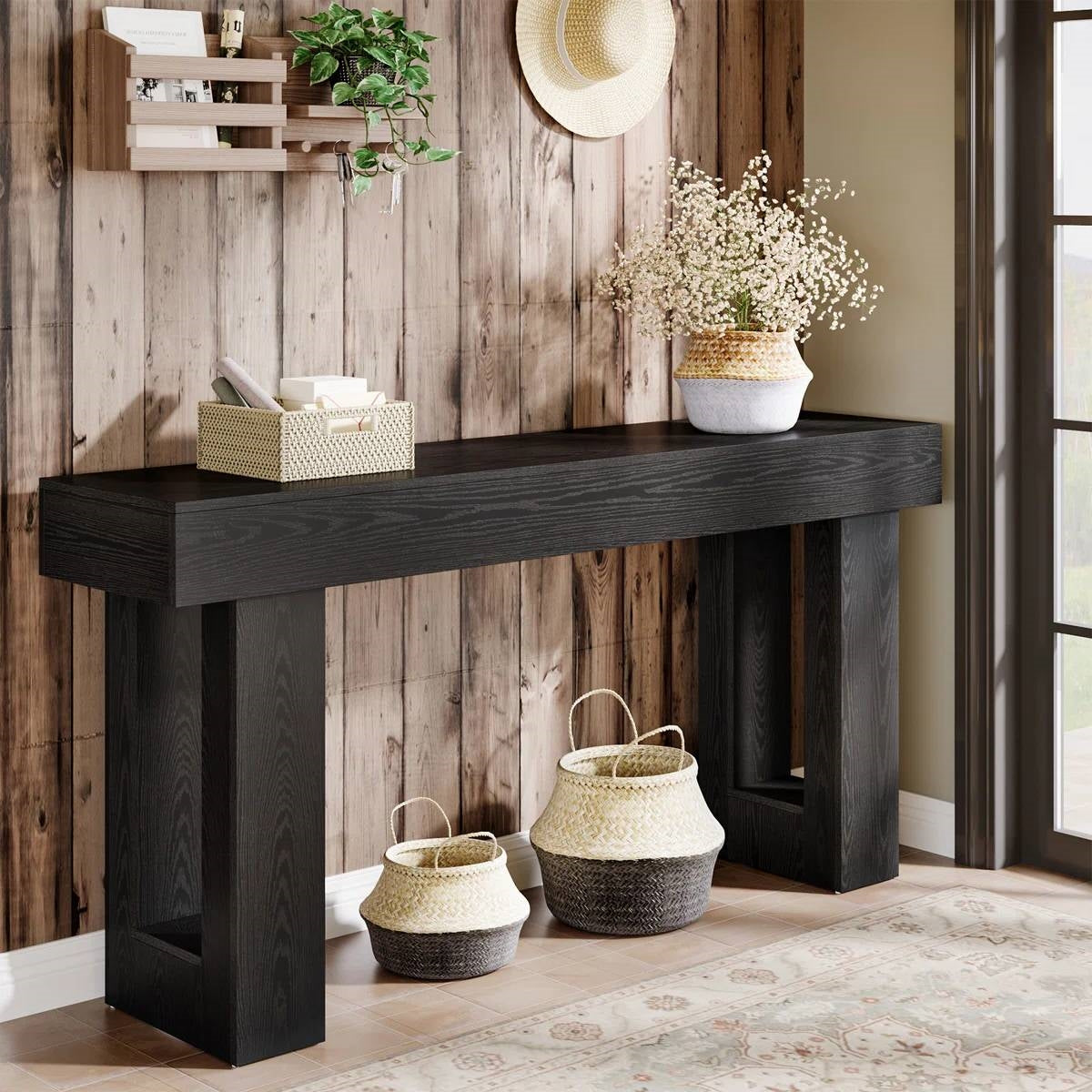 Mesa de Sofá Estrecha de Entrada de 63 Pulgadas Estilo Modern Farmhouse con Acabado de Madera Negra