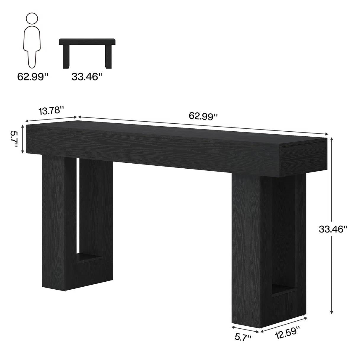 Mesa de Sofá Estrecha de Entrada de 63 Pulgadas Estilo Modern Farmhouse con Acabado de Madera Negra
