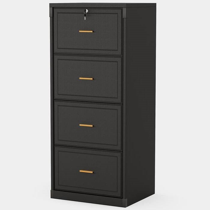 Archivador vertical en acabado de madera negra con 4 cajones con cerradura
