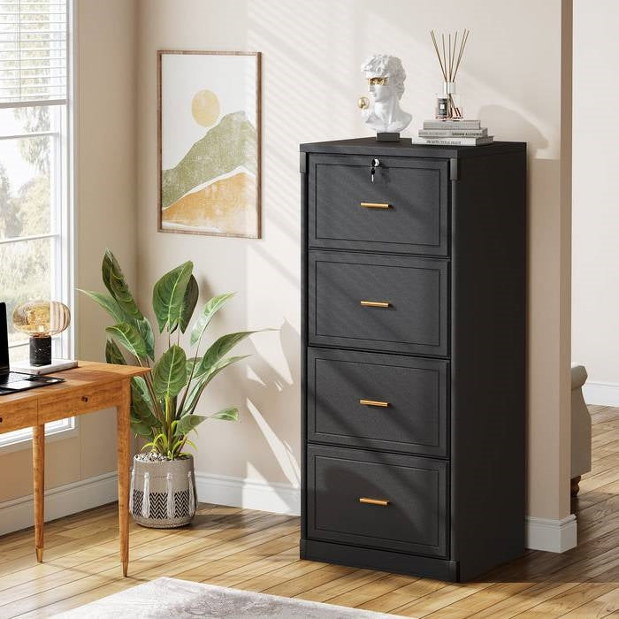 Archivador vertical en acabado de madera negra con 4 cajones con cerradura
