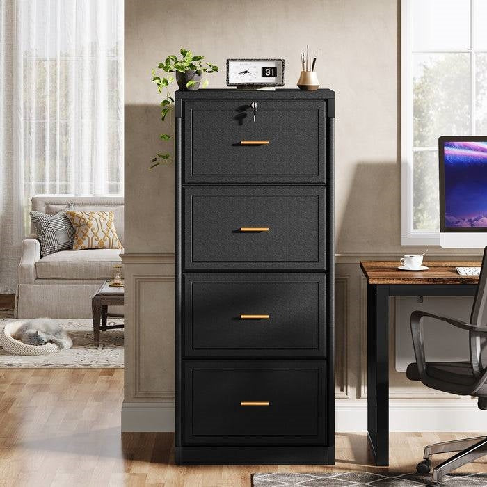 Archivador vertical en acabado de madera negra con 4 cajones con cerradura