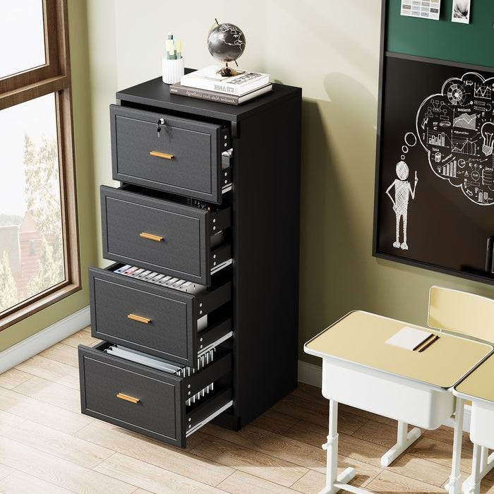 Archivador vertical en acabado de madera negra con 4 cajones con cerradura
