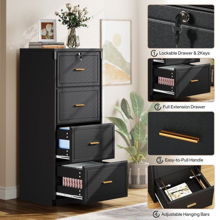 Archivador vertical en acabado de madera negra con 4 cajones con cerradura