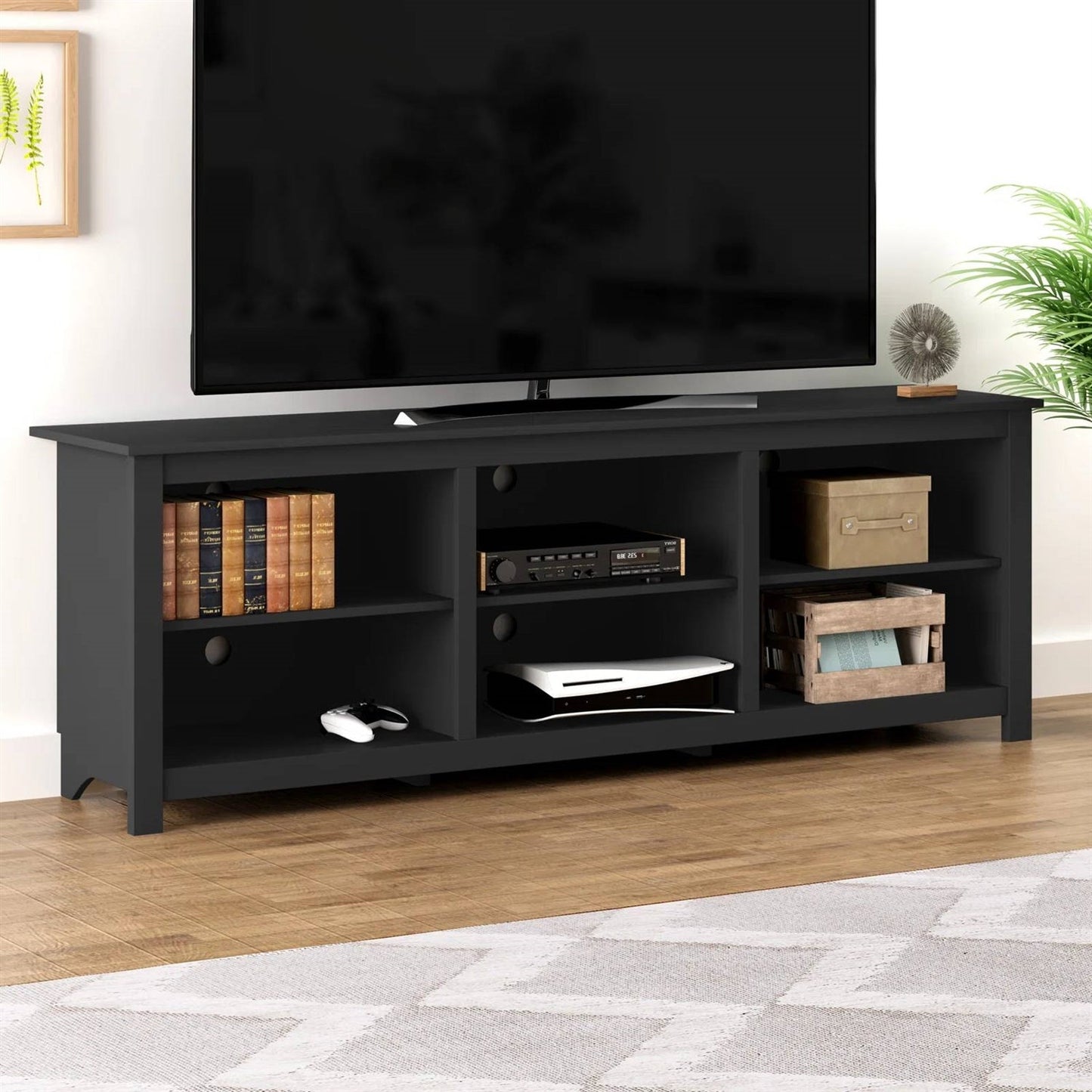 Mueble de TV estilo rústico con acabado en madera negra - para televisores de hasta 70 pulgadas
