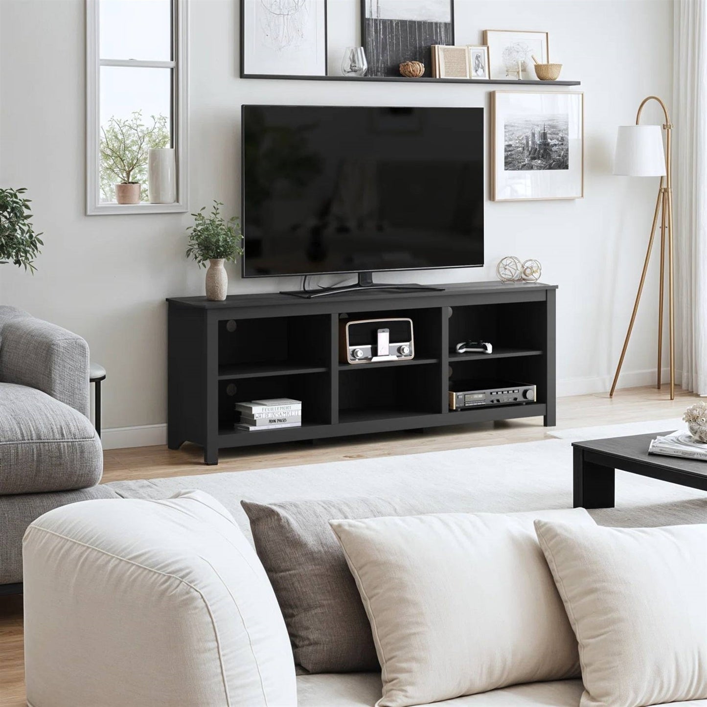 Mueble de TV estilo rústico con acabado en madera negra - para televisores de hasta 70 pulgadas