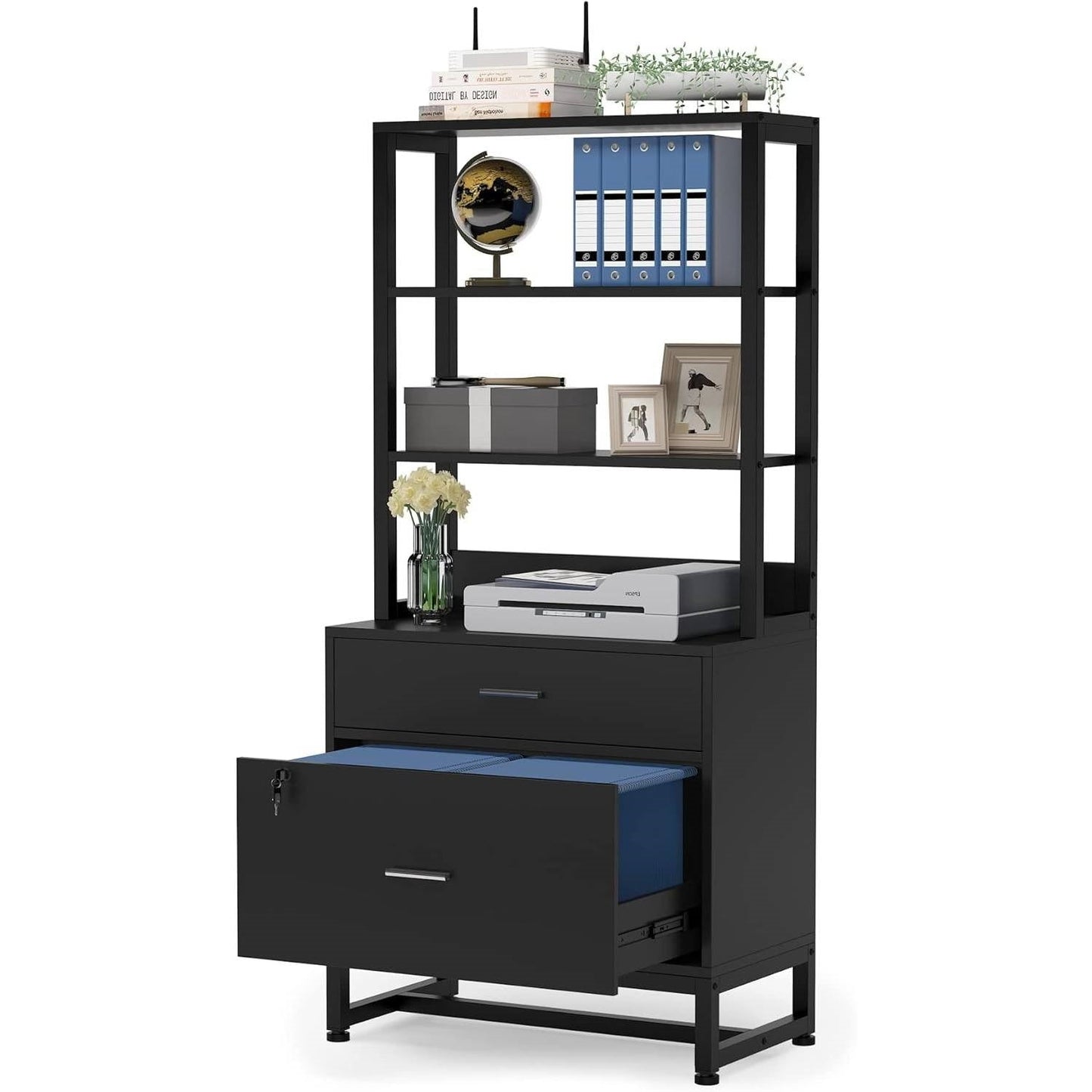 Archivador/estantería de madera negra para oficina, con 2 cajones y cerradura