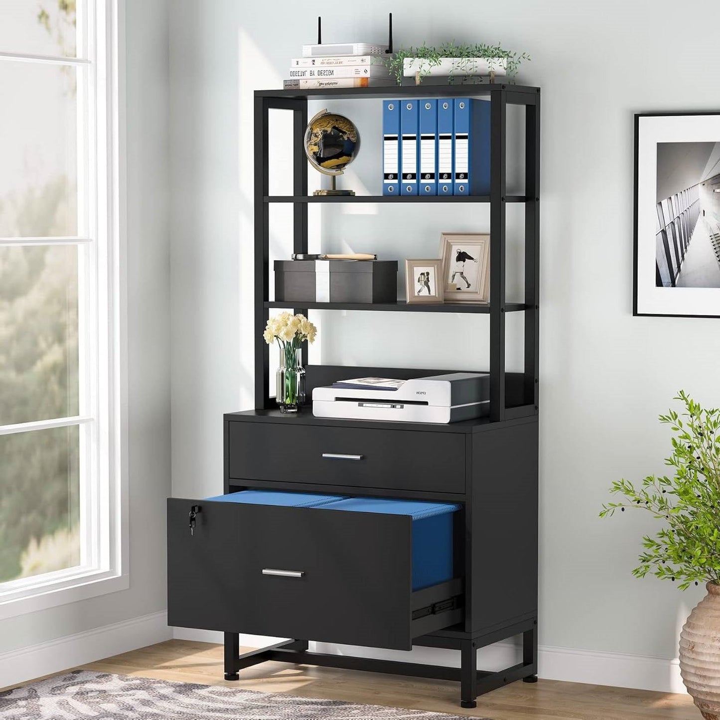 Archivador/estantería de madera negra para oficina, con 2 cajones y cerradura