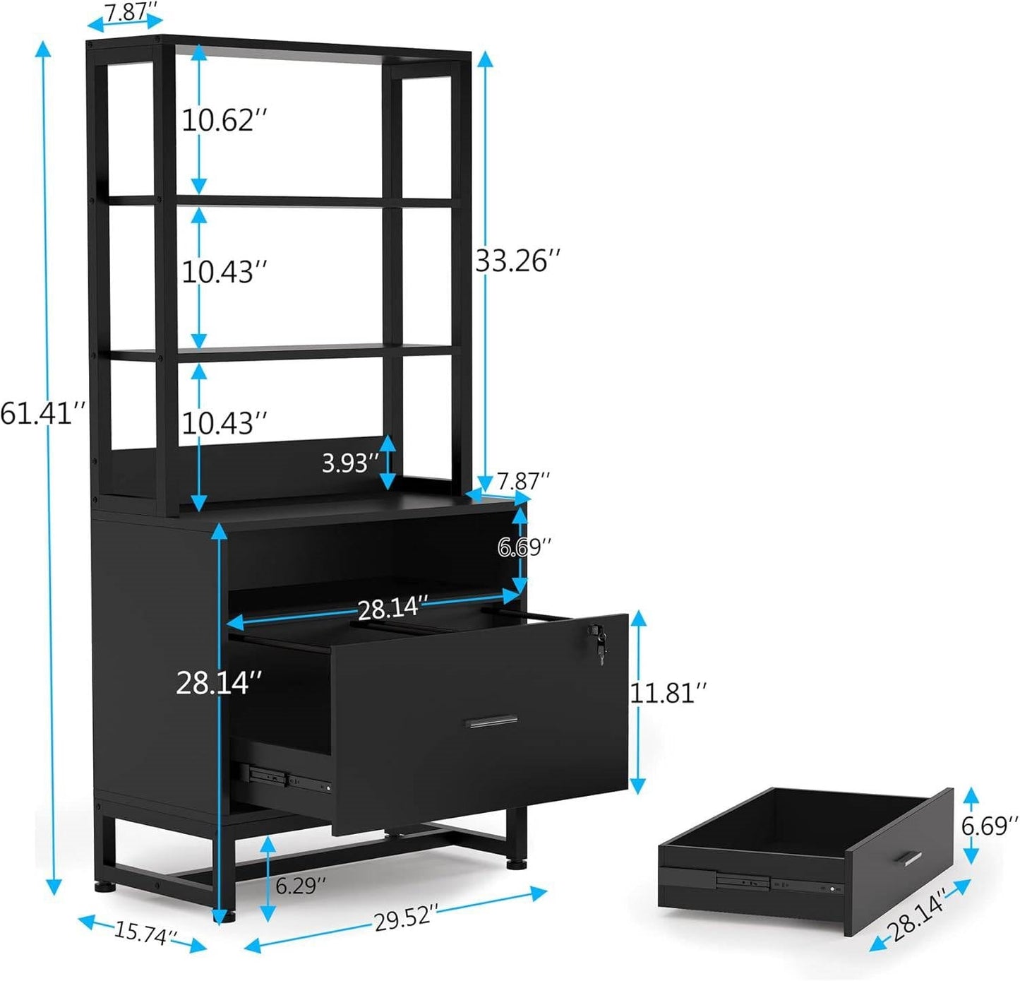 Archivador/estantería de madera negra para oficina, con 2 cajones y cerradura