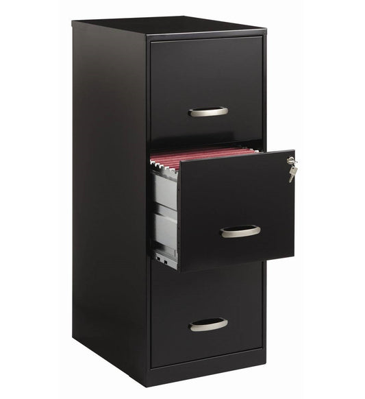 Archivador vertical negro de metal con 3 cajones y cerradura con llave