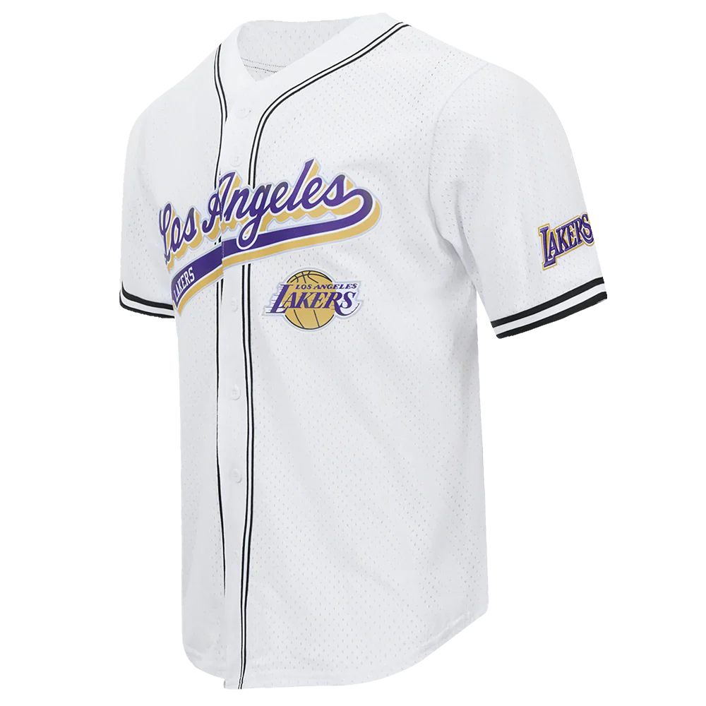 Camisa abotonada de malla con diseño "Script Tail" de los Lakers de Los Ángeles Pro Standard - Blanco/Negro
