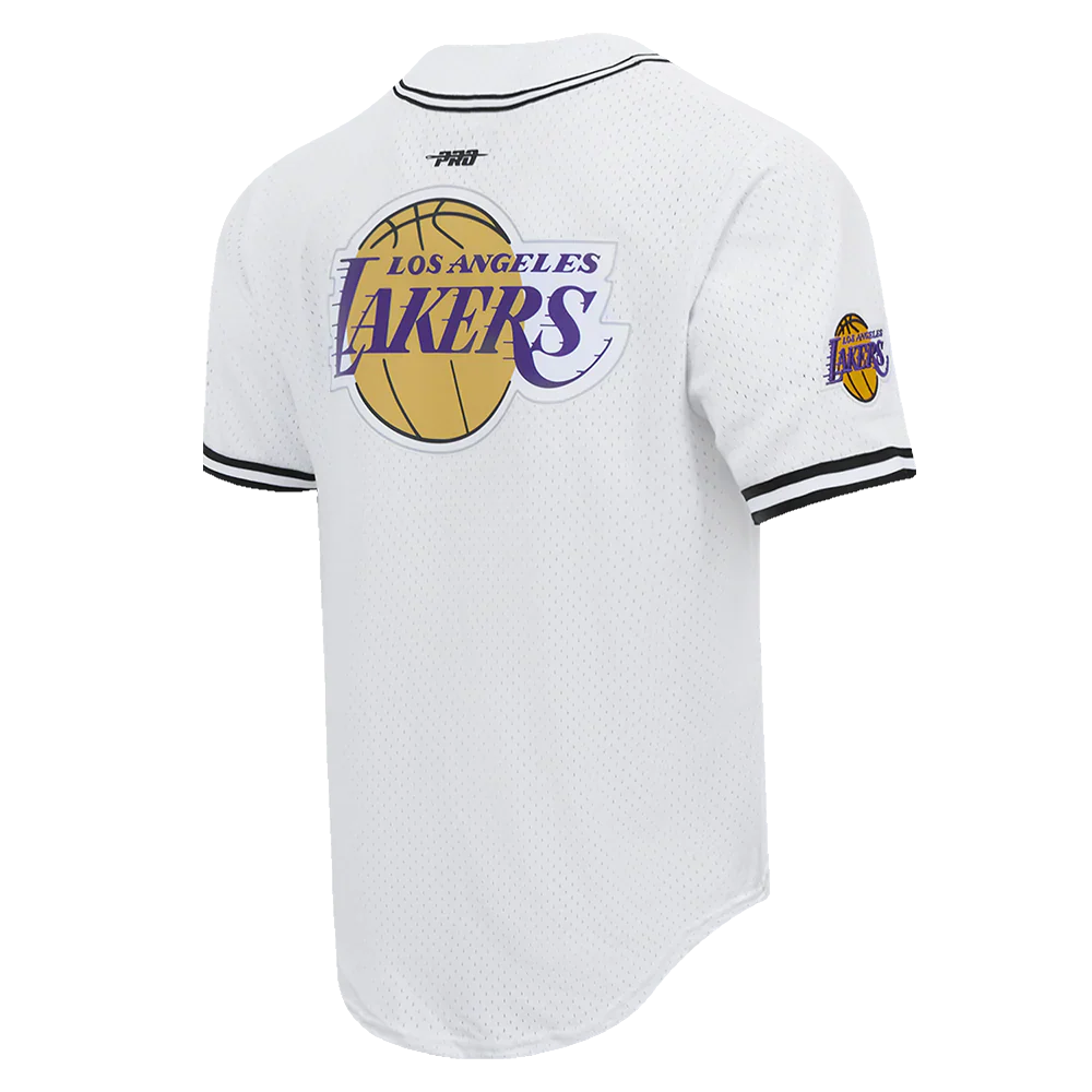 Camisa abotonada de malla con diseño "Script Tail" de los Lakers de Los Ángeles Pro Standard - Blanco/Negro