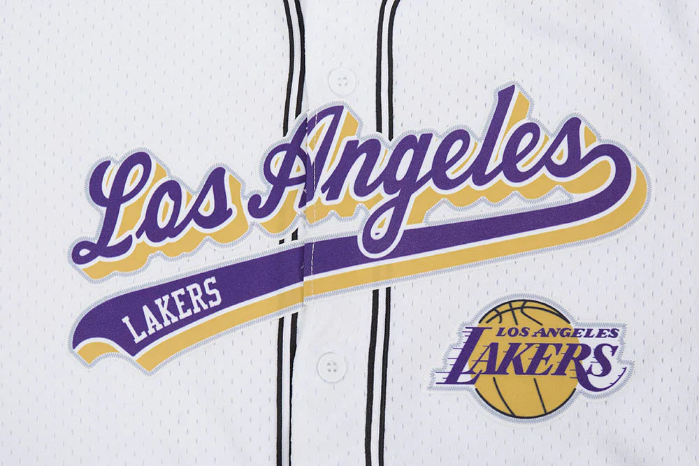 Camisa abotonada de malla con diseño "Script Tail" de los Lakers de Los Ángeles Pro Standard - Blanco/Negro