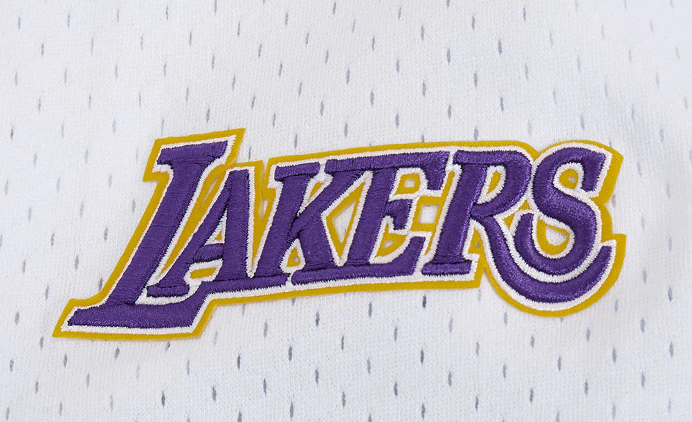 Camisa abotonada de malla con diseño "Script Tail" de los Lakers de Los Ángeles Pro Standard - Blanco/Negro