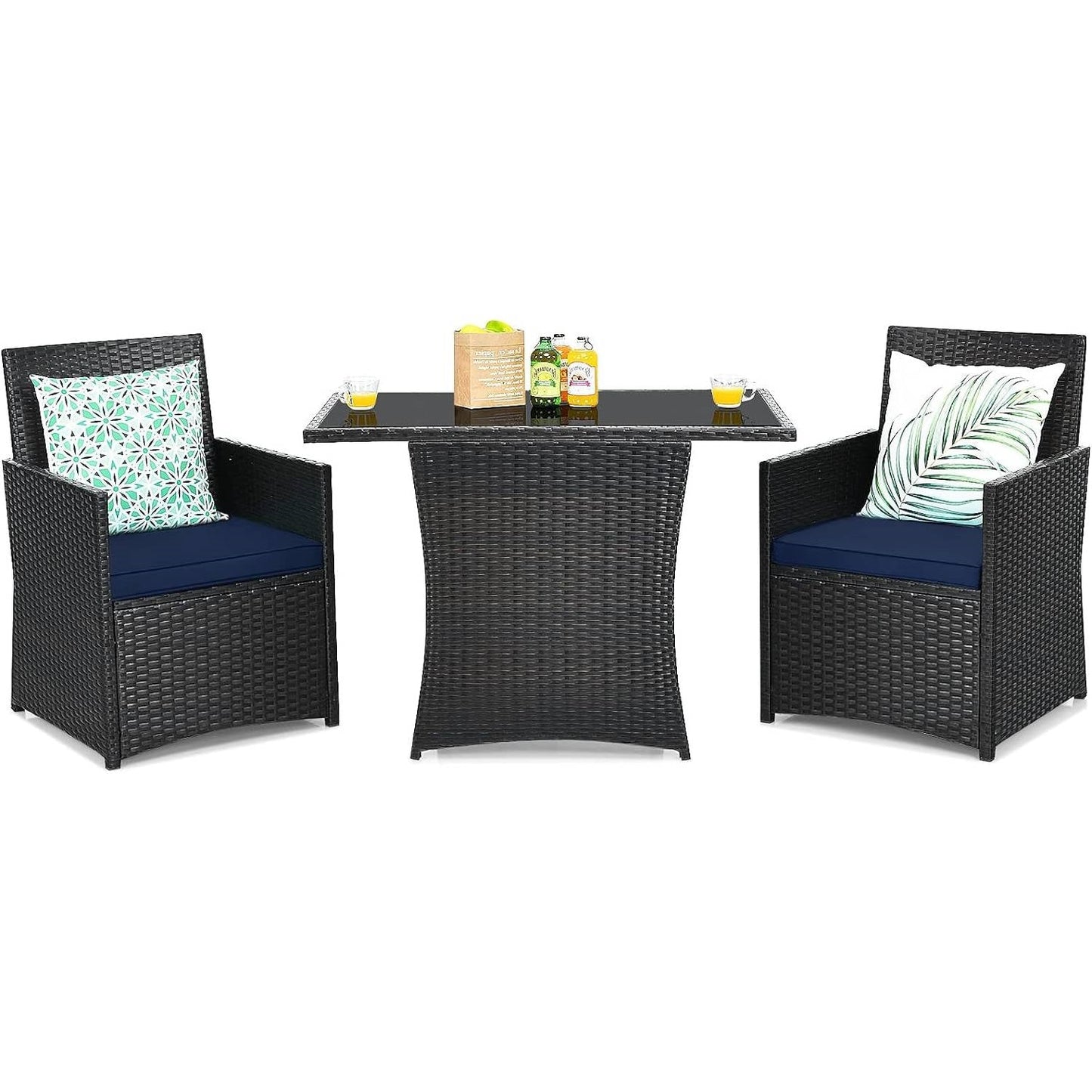 Juego de muebles de jardín de 3 piezas para comedor exterior, ratán PE marrón, cojines azul marino