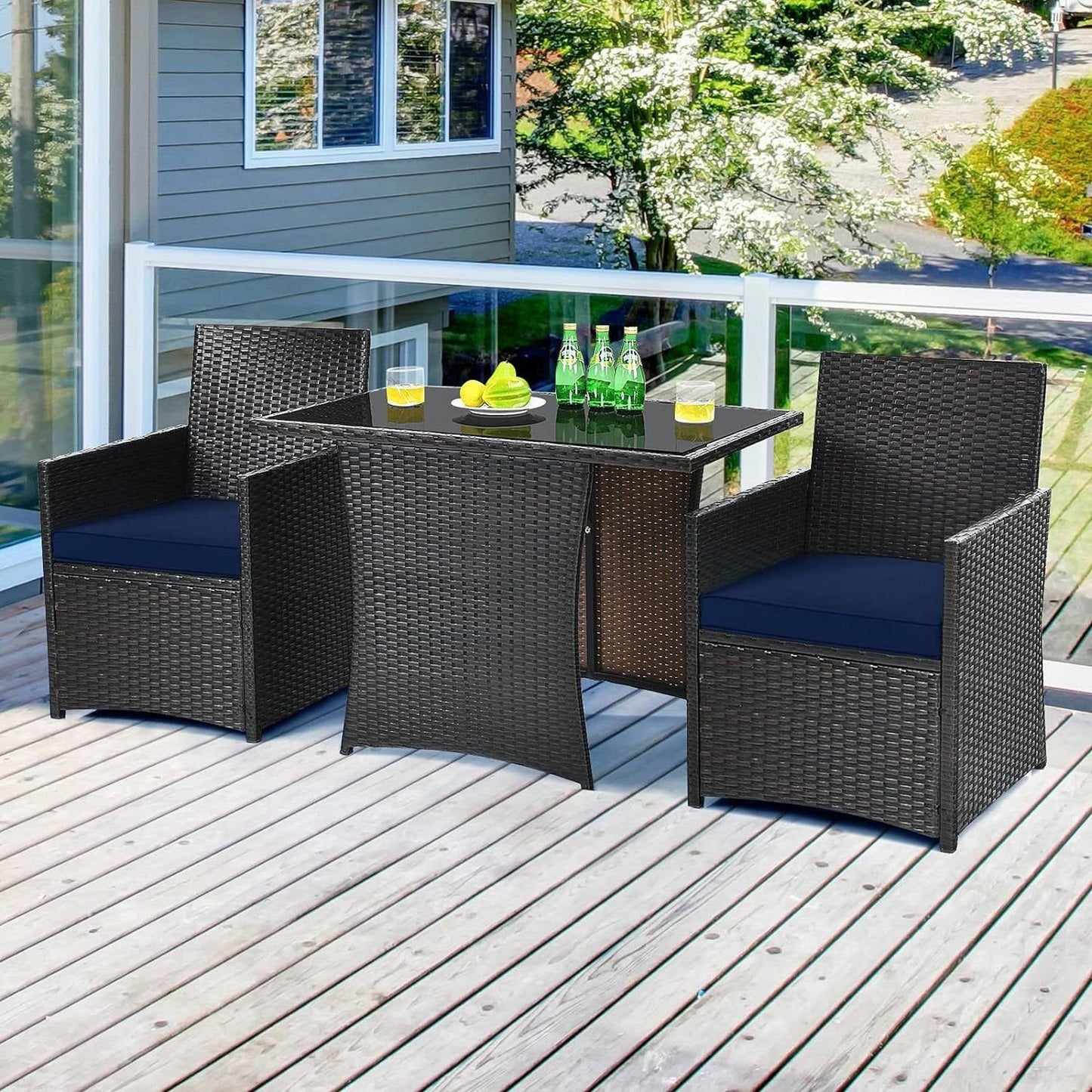 Juego de muebles de jardín de 3 piezas para comedor exterior, ratán PE marrón, cojines azul marino
