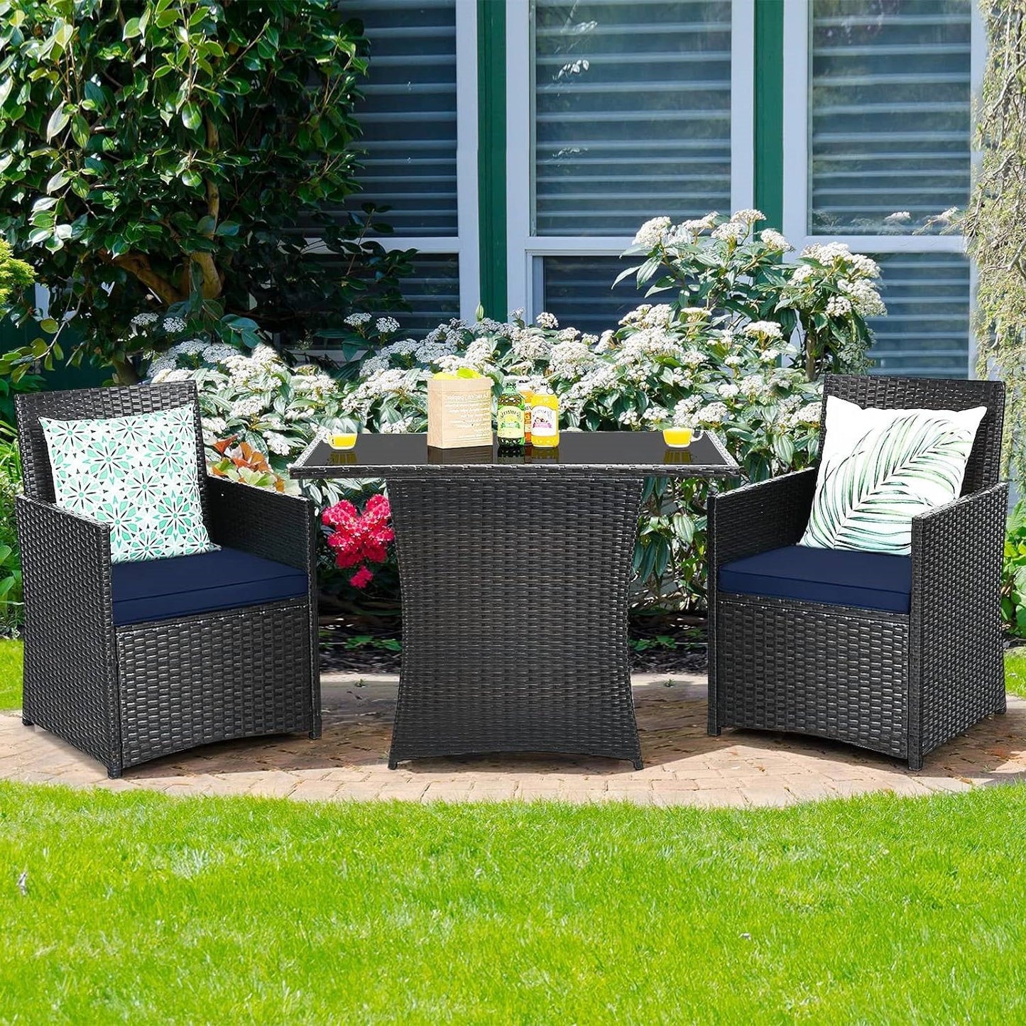 Juego de muebles de jardín de 3 piezas para comedor exterior, ratán PE marrón, cojines azul marino