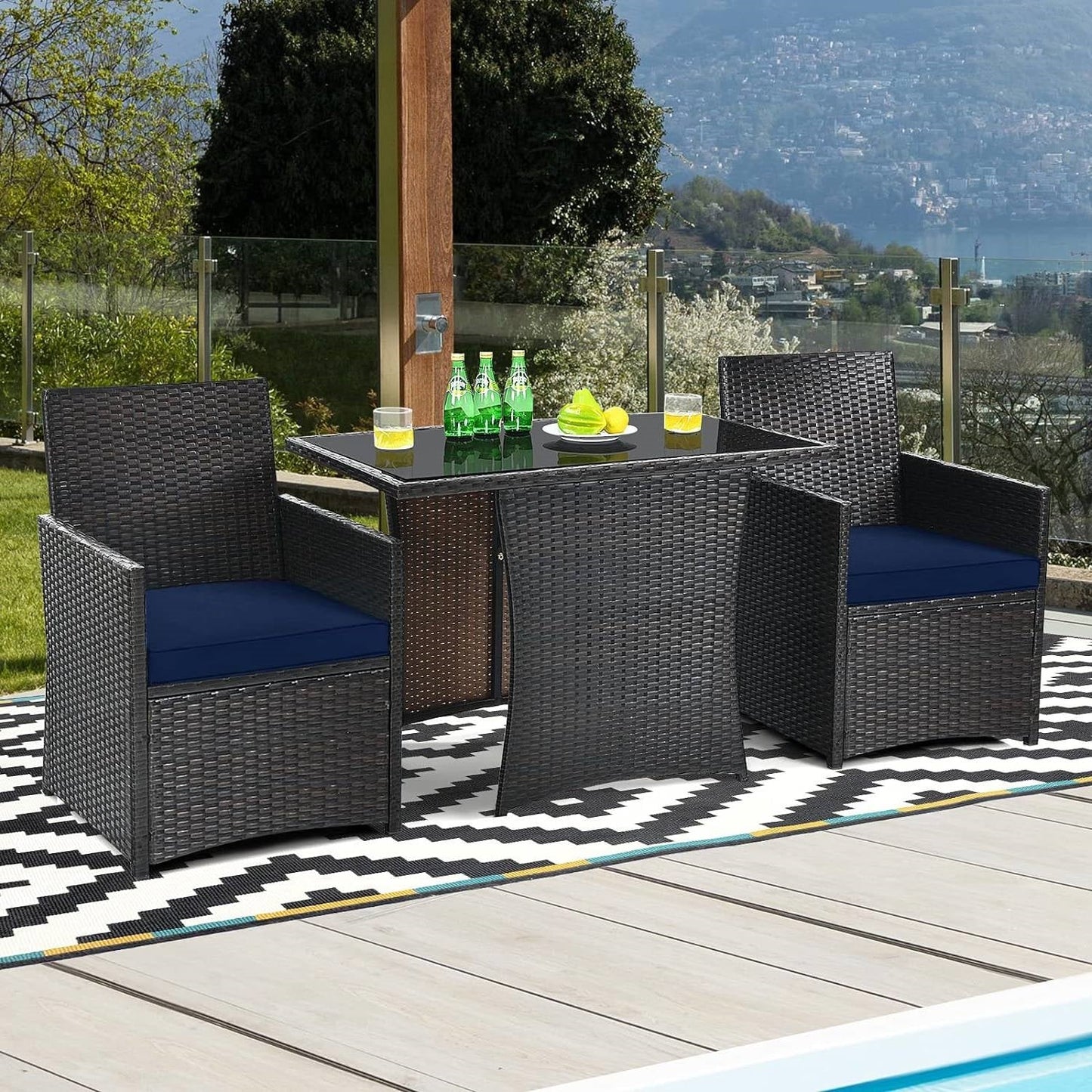 Juego de muebles de jardín de 3 piezas para comedor exterior, ratán PE marrón, cojines azul marino