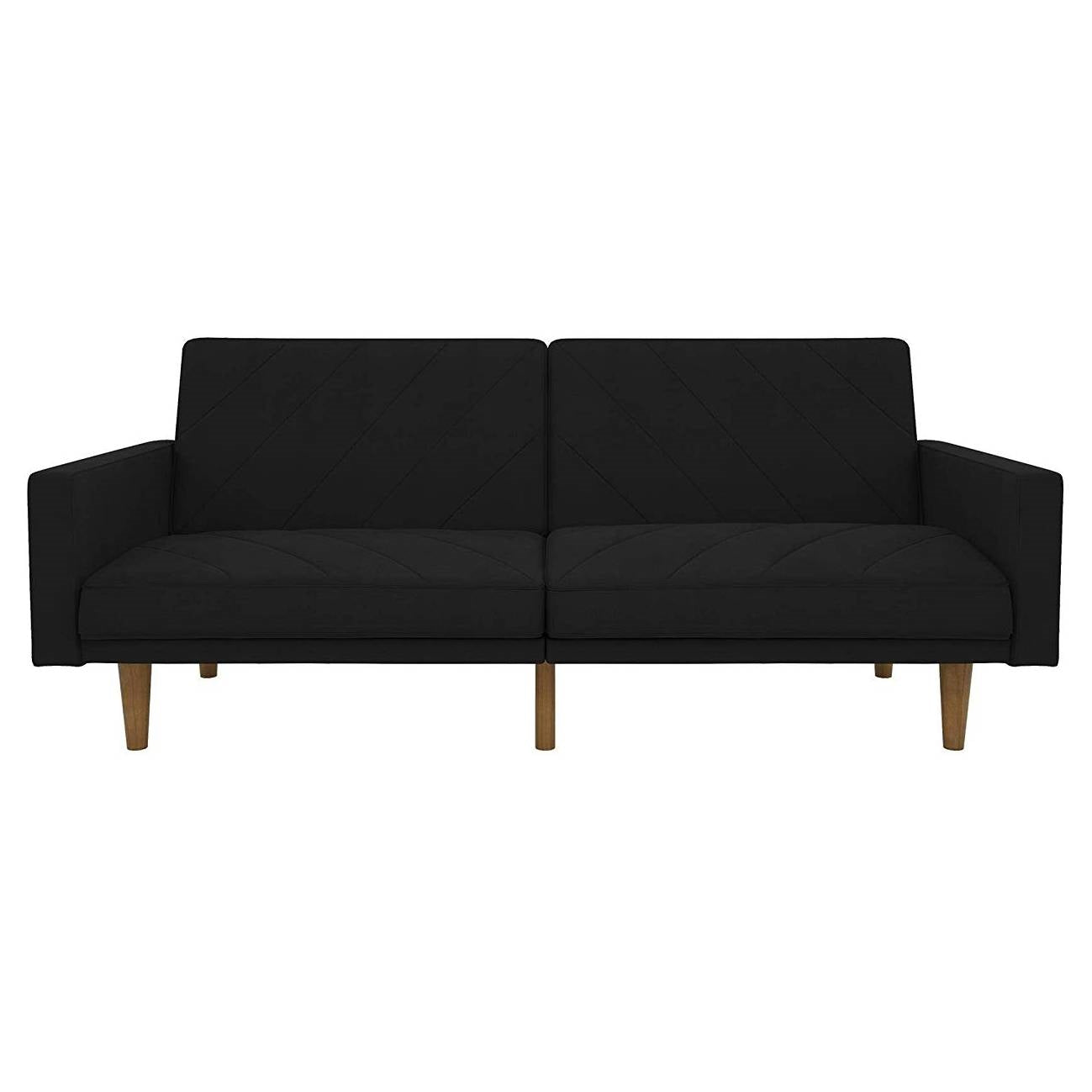 Sofá cama de lino tapizado negro de estilo moderno de mediados de siglo con patas de madera clásicas
