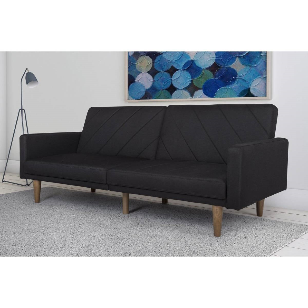 Sofá cama de lino tapizado negro de estilo moderno de mediados de siglo con patas de madera clásicas