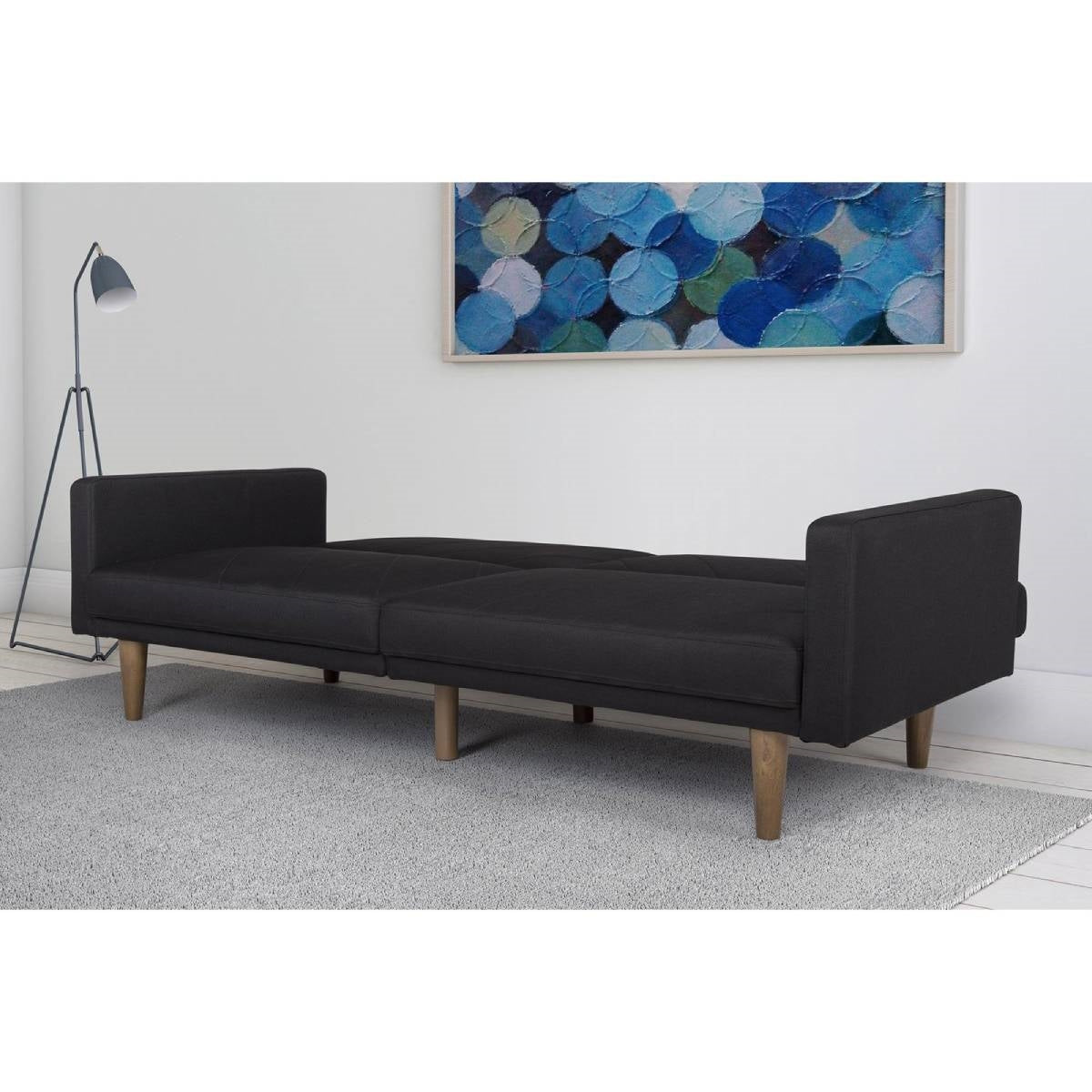 Sofá cama de lino tapizado negro de estilo moderno de mediados de siglo con patas de madera clásicas
