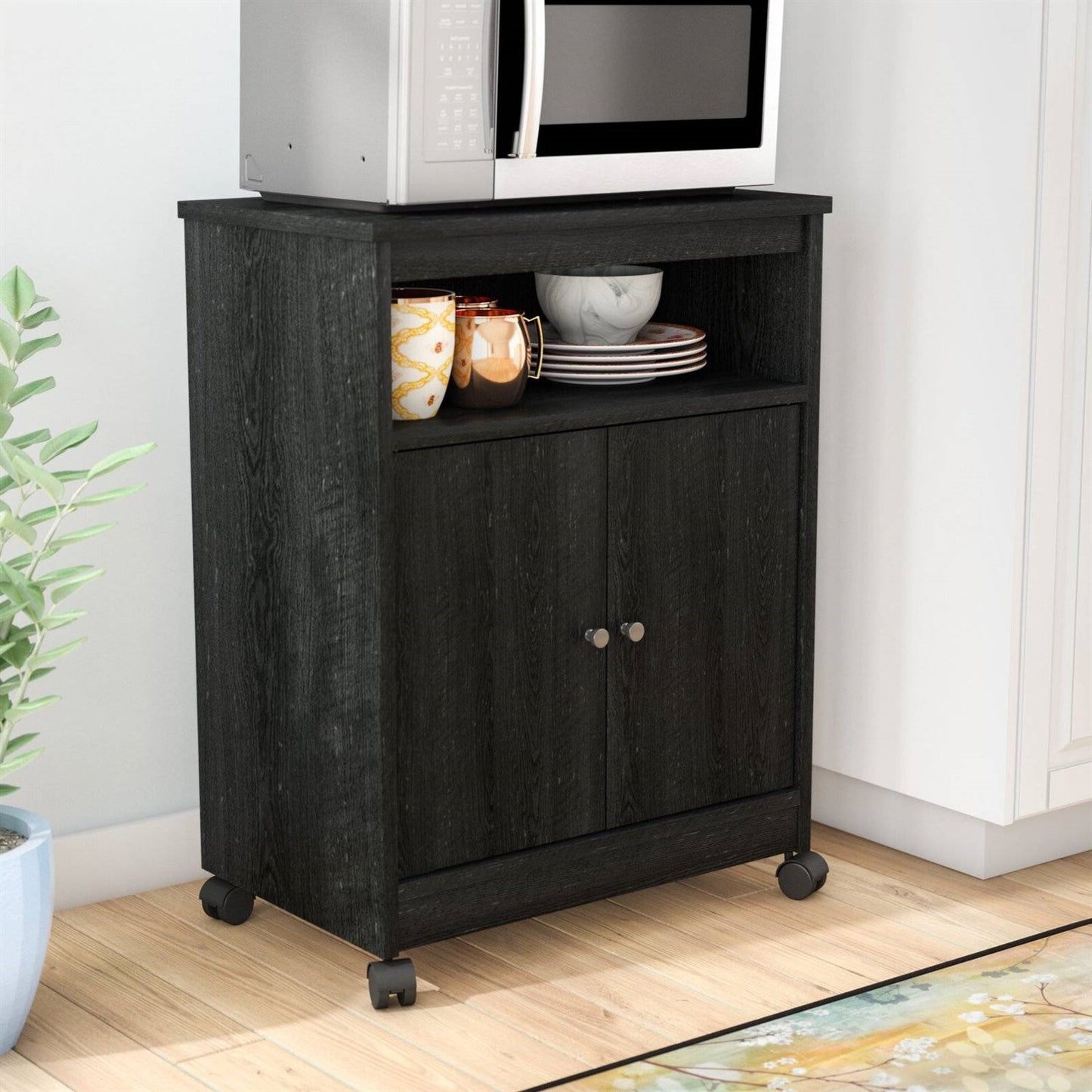 Carro utilitario negro / Carro de microondas para cocina con ruedas