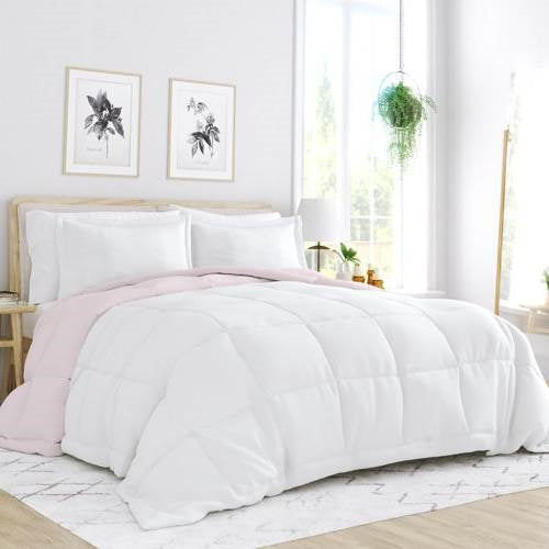 Juego de edredón reversible de microfibra de 3 piezas para cama King/Cal King, rosa rubor y blanco